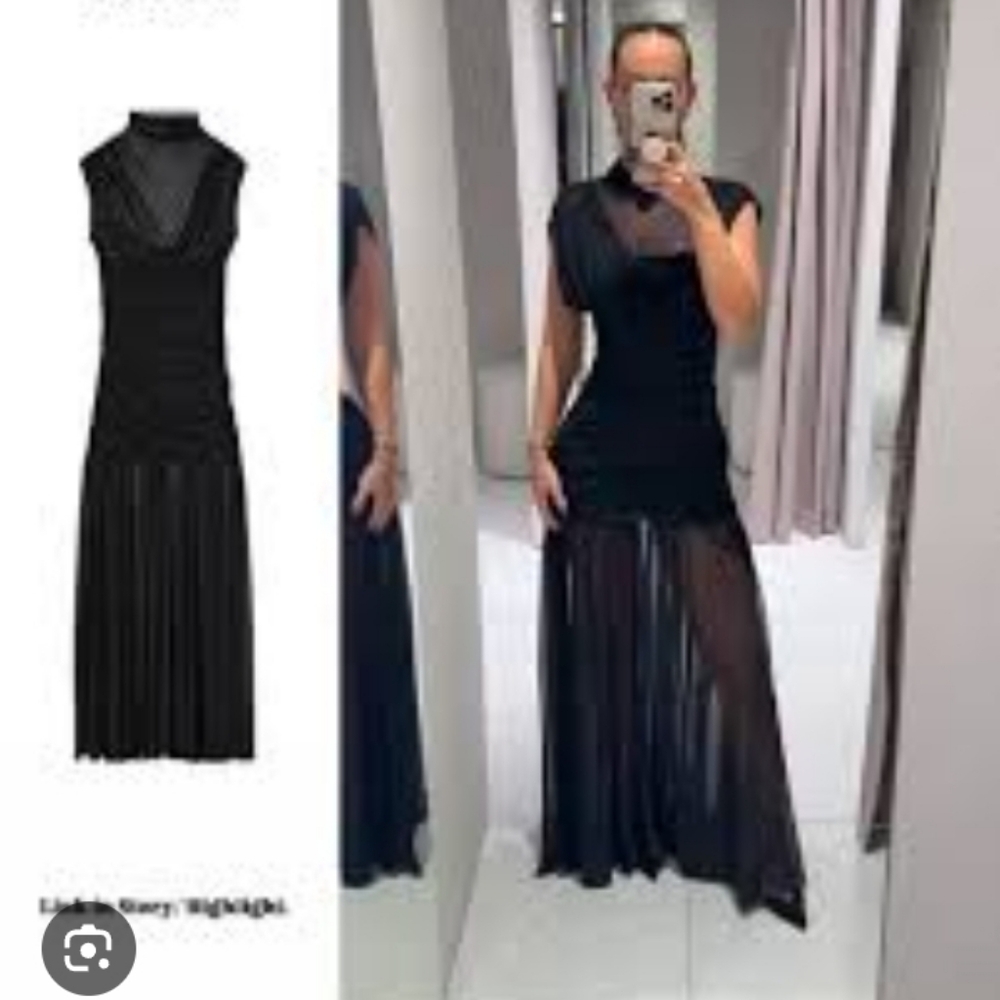 Zara Elegant Black Combined Draped Long  Dress - Picture 12 of 13